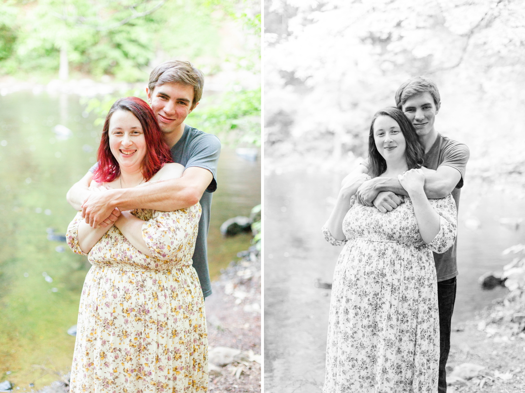 Guy hugs arms around his fiancé and they smile towards the camera at Wadsworth Fall Engagement Session
