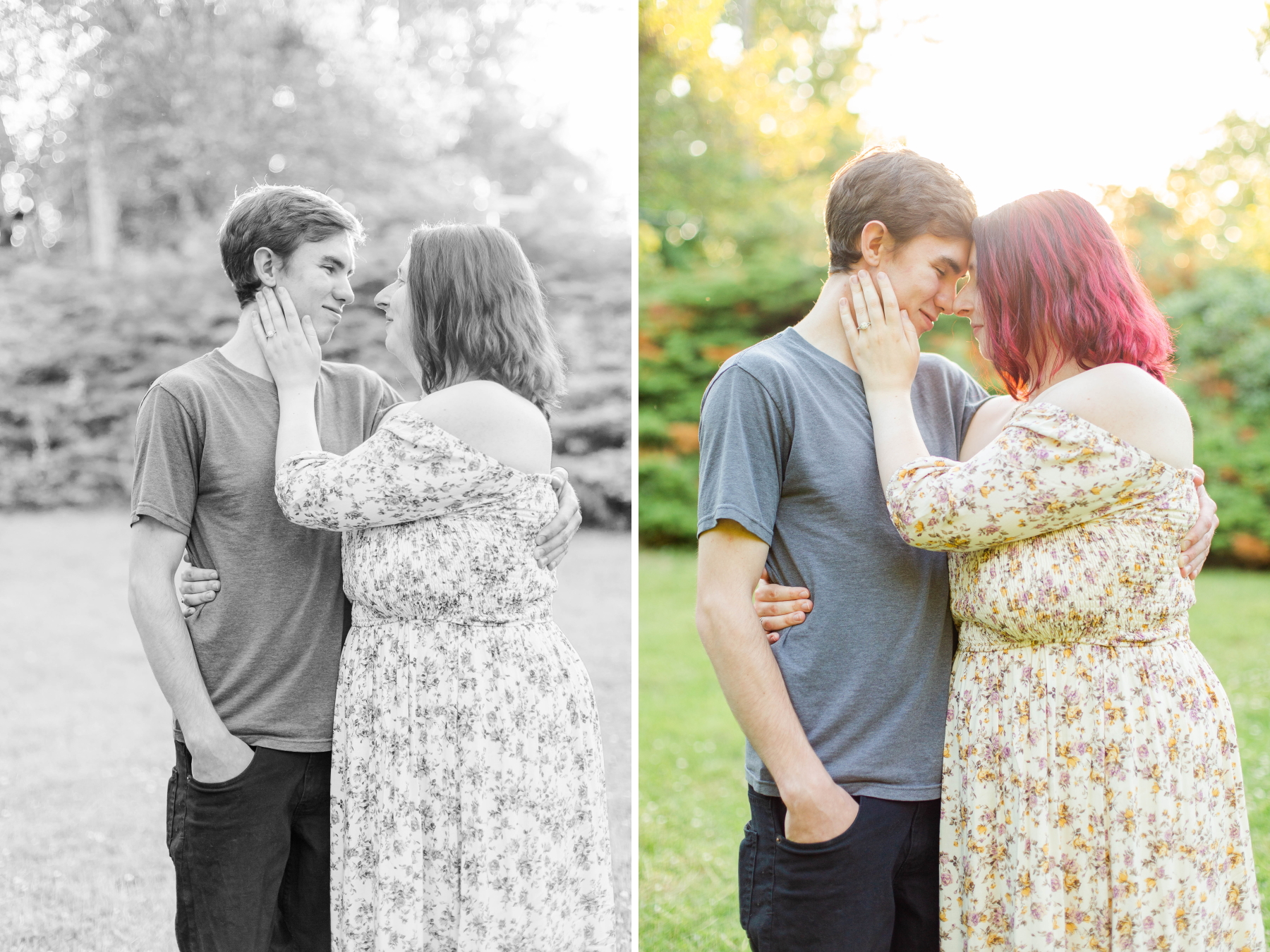Left image, couple stares lovingly at each other. Right image, Couple leans foreheads together at Wadsworth Fall Engagement Session