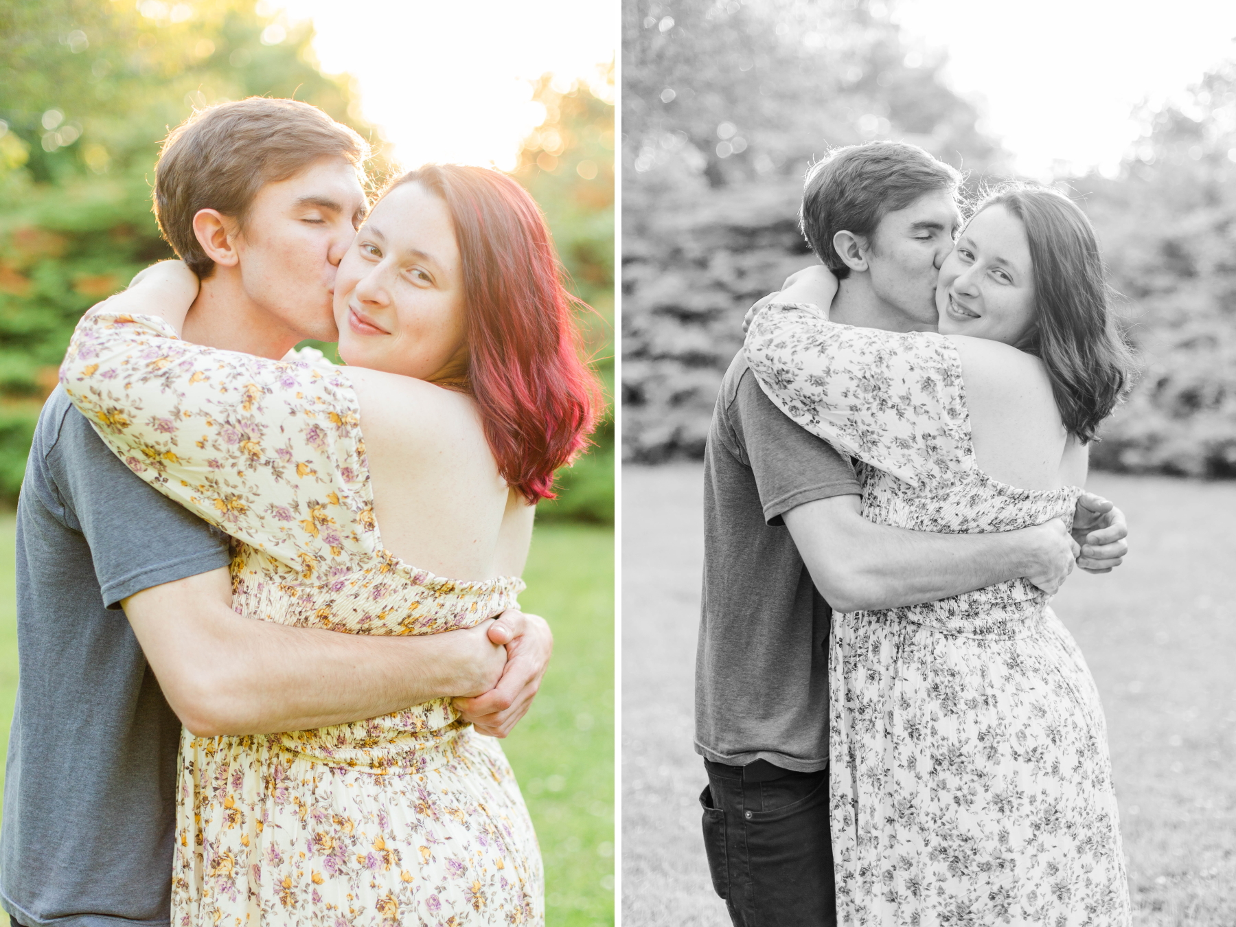Guy kisses his fiancé on the cheek while she smiles at the camera and they hug each other at Wadsworth Fall Engagement Session