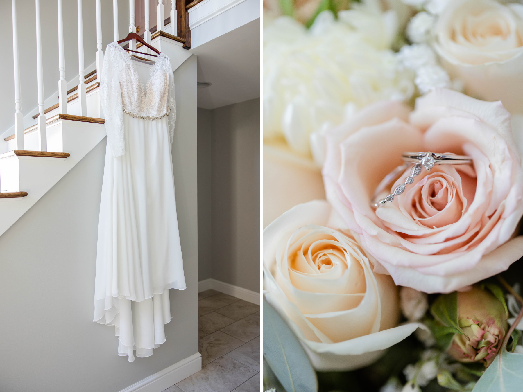 Left image features wedding dress hanging on stair railing. Right image features two rings placed in a blush pink rose from Emerald Wedding at Great Neck Country Club in Waterford CT
