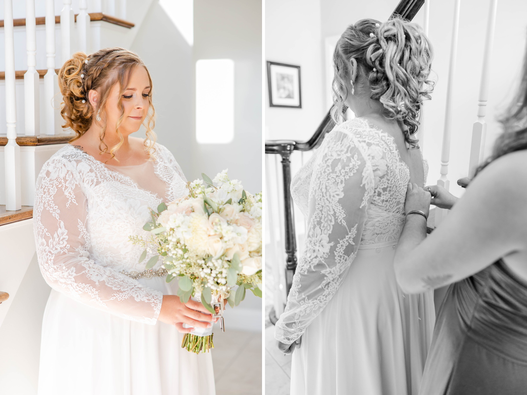 Left image shows bride looking down at bouquet. Right image shows bride getting dress buttoned up with help from her maid of honor at Great Neck Country Club Wedding