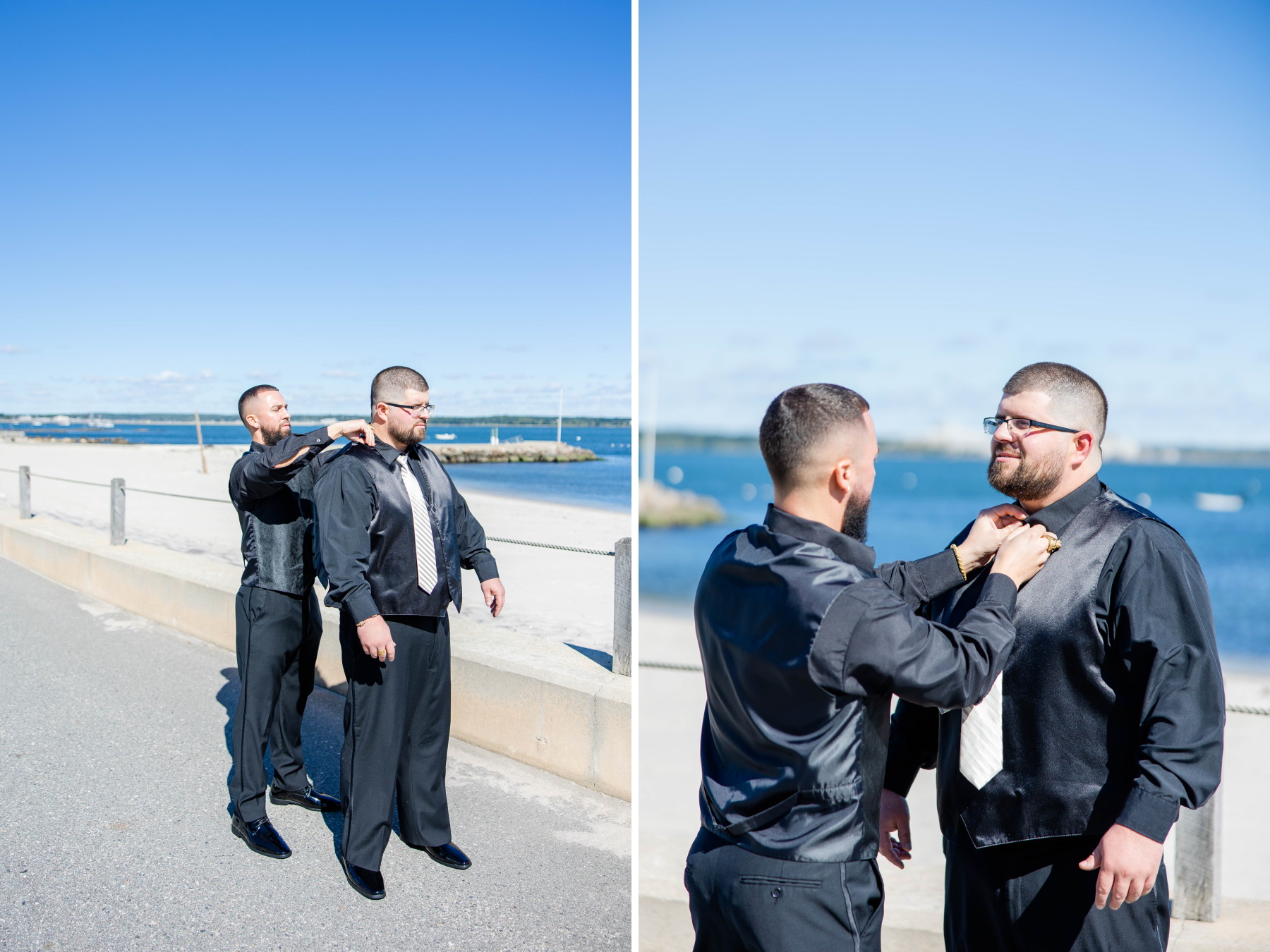 Best man helps groom adjust collar and tie next to a beach at Great Neck Country Club Wedding