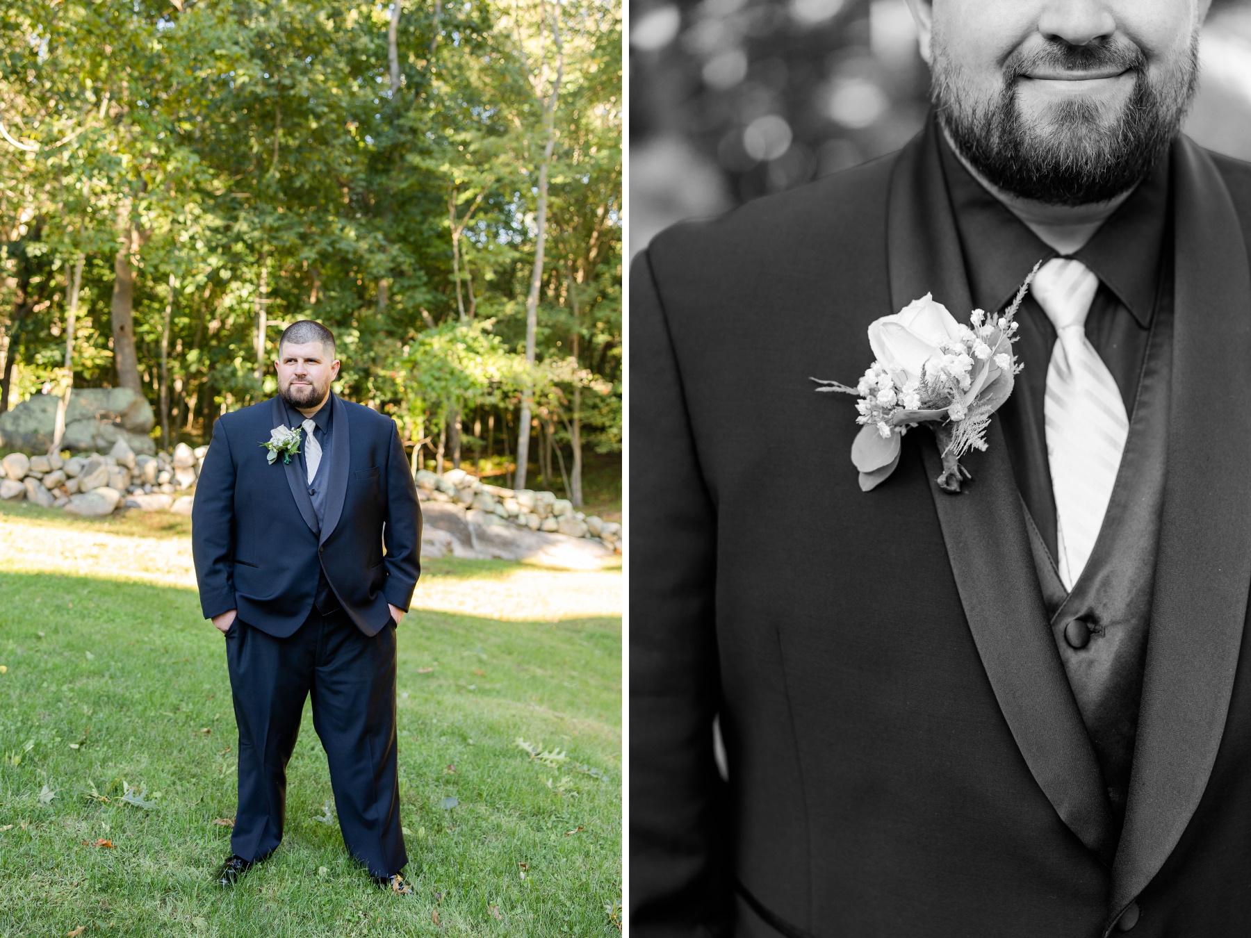 Left photo is Groom looking off to the side with hands in his pockets. Right photo is a closeup of groom's tie and boutonniere at Great Neck Country Club Wedding