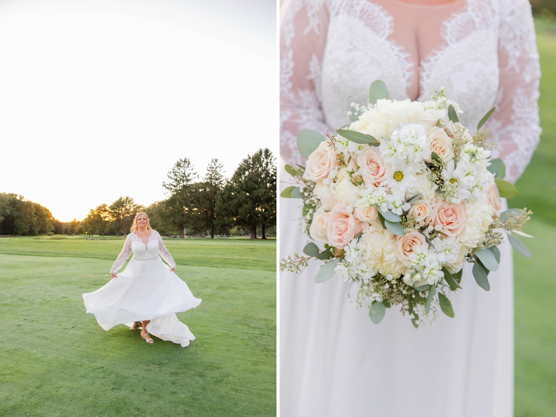 Left photo is bride spinning in dress on a field. Right photo is a close up of the bride's bouquet at Great Neck Country Club Wedding