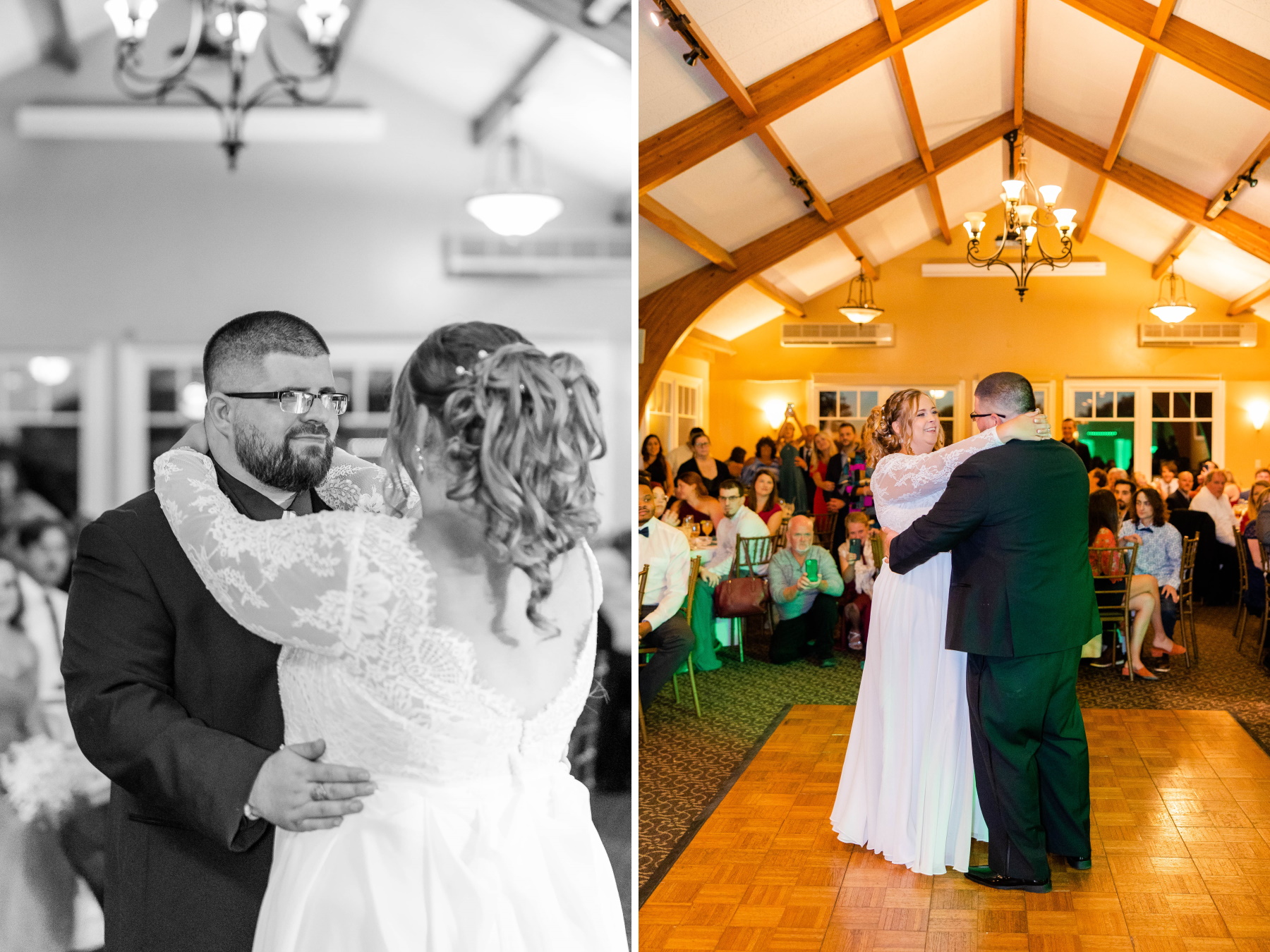 Groom looks lovingly at his bride during their first dance at Great Neck Country Club Wedding