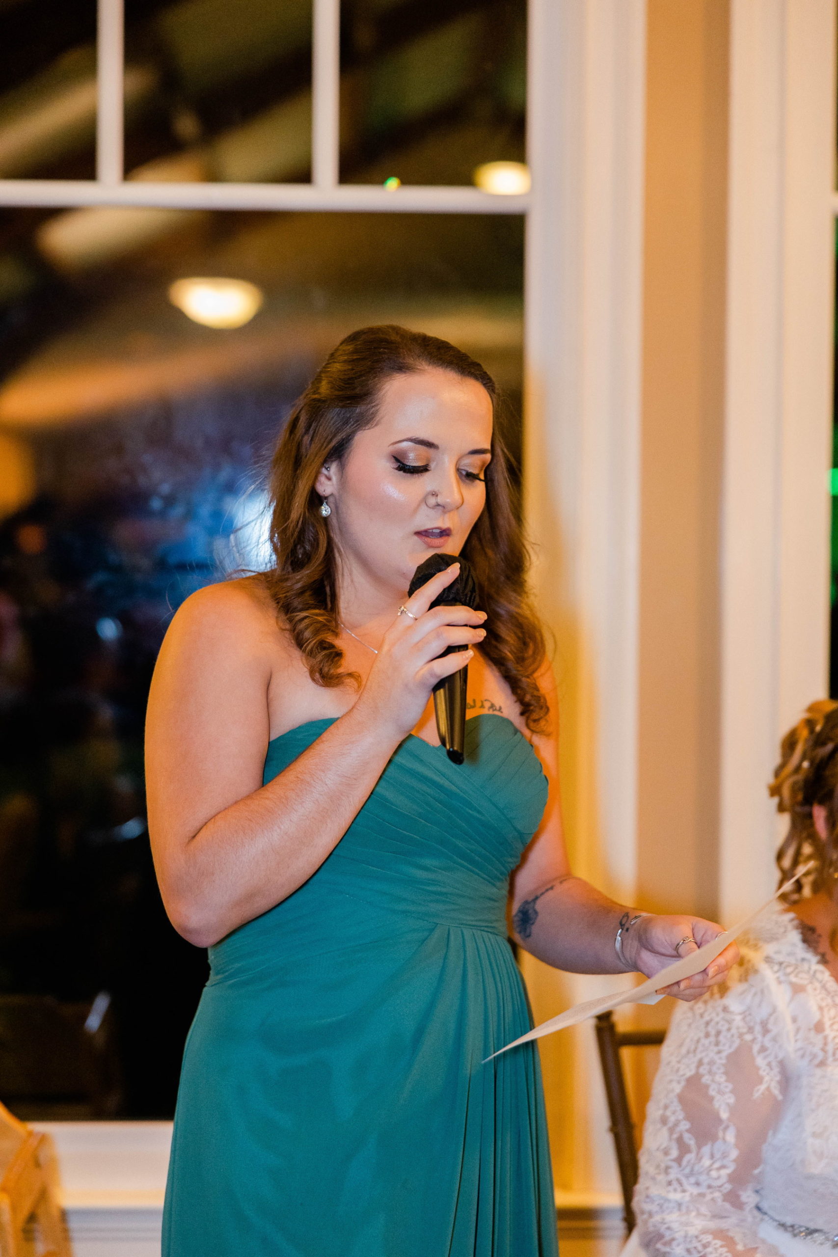 Maid of honor gives a speech during reception at Great Neck Country Club Wedding