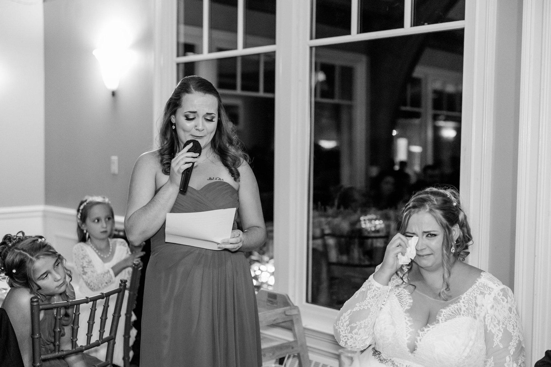 Maid of Honor and bride tear up during speech at Great Neck Country Club Wedding