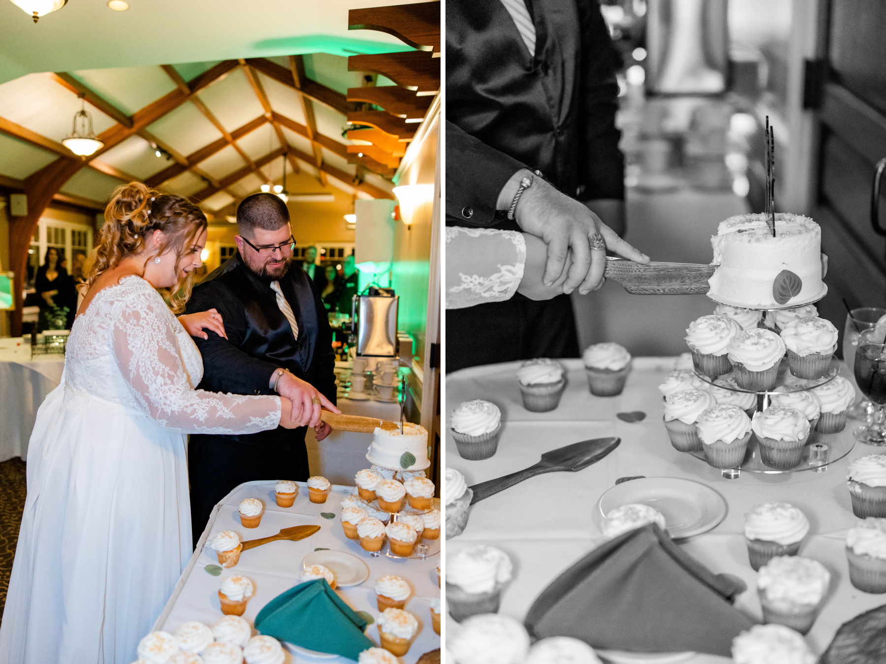 Bride and groom cut into their wedding cake at Great Neck Country Club Wedding