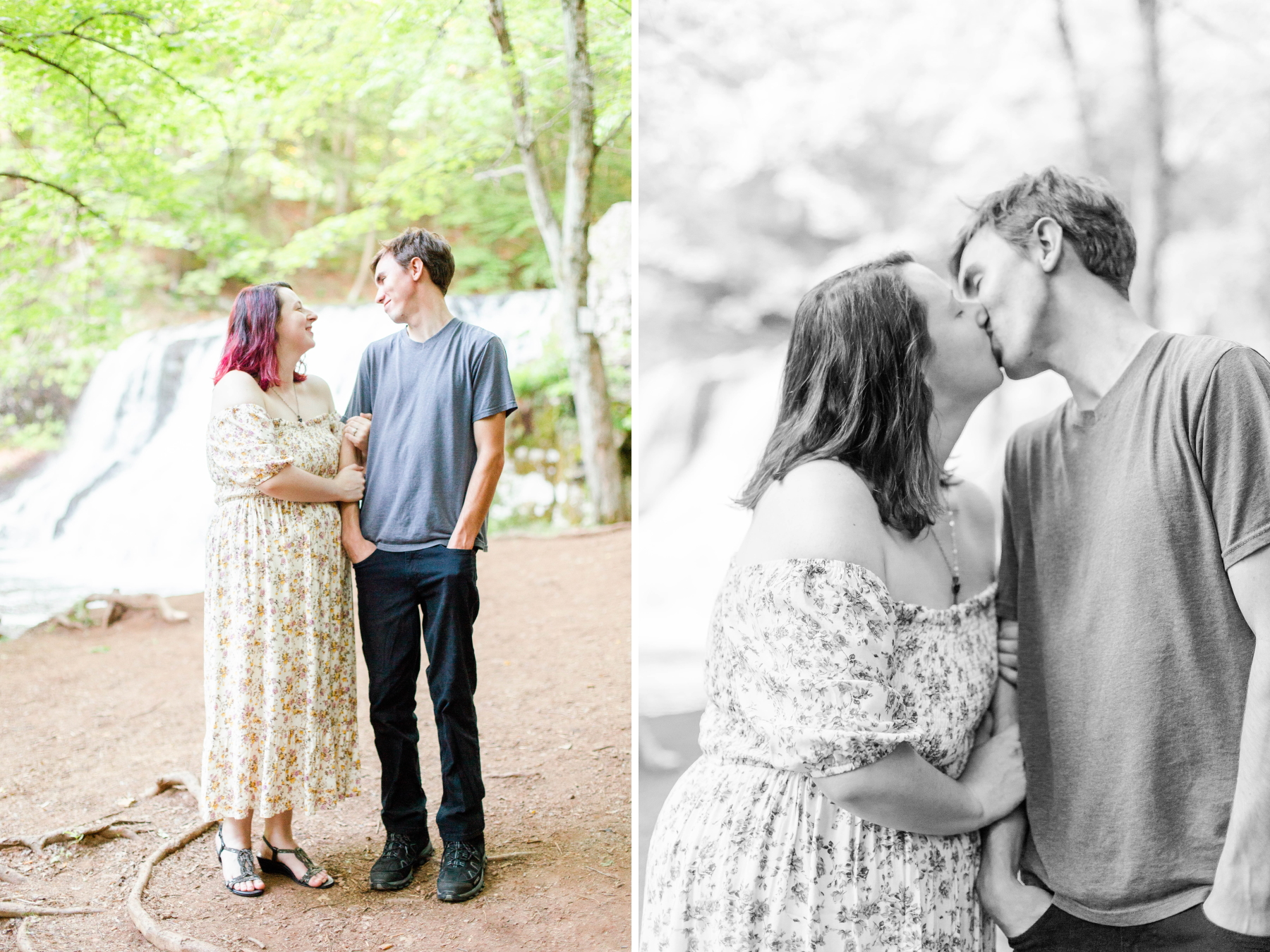 Left image, couple smiles at each other. Right image, couple shares a kiss at Wadsworth Fall Engagement Session